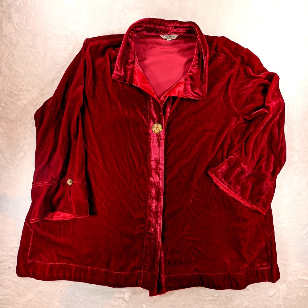 John Mark Womens 1X Red Velvet Button Front Shirt Bell Cuff Wired Collar Artsy - Picture 2 of 13